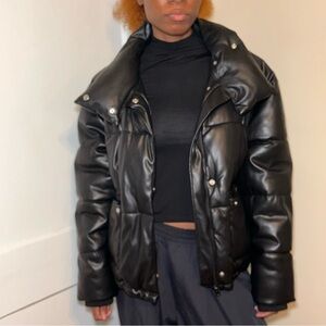Black Faux Leather Puffer Coat
